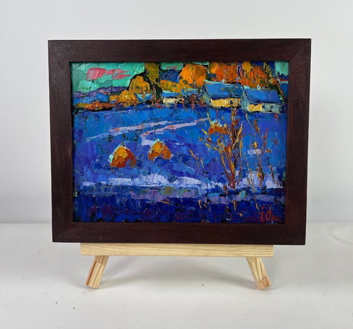 Original Oil Painting Winter Village Landscape Frosty stars in the evening sky