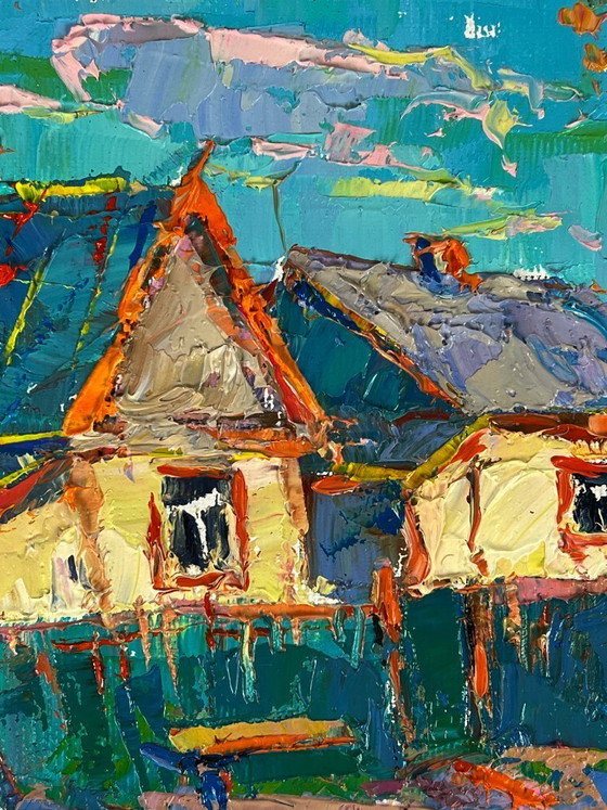 Image 1 of Original Oil Painting Rural Landscape Village A Walk along the Morning Street