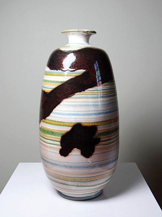 Large Vintage Handmade Ceramic Vase with Iridescent Luster 20th-21st Century – Artisanal (photo 5 of 13)