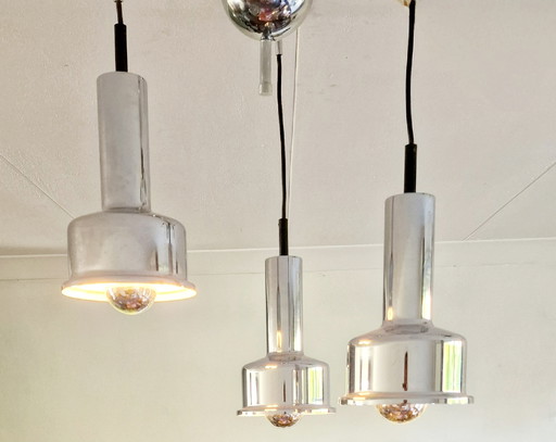 Vintage-Pendelleuchte mit 3 Chromschirmen, dänisches Design