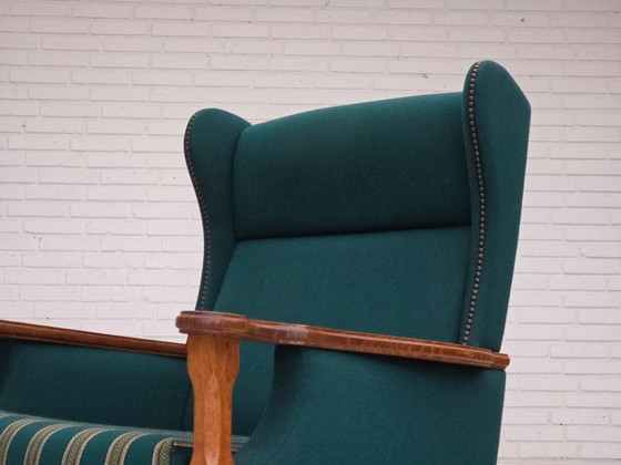 Image 1 of 1970s, Danish high back armchair, furniture wool, solid oak wood.