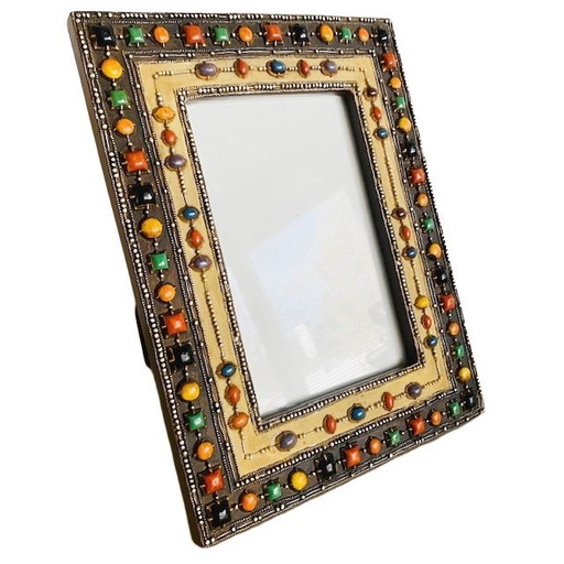 Vintage metal photo frame with colorful stones, antique look, semi-precious stones, 1980s