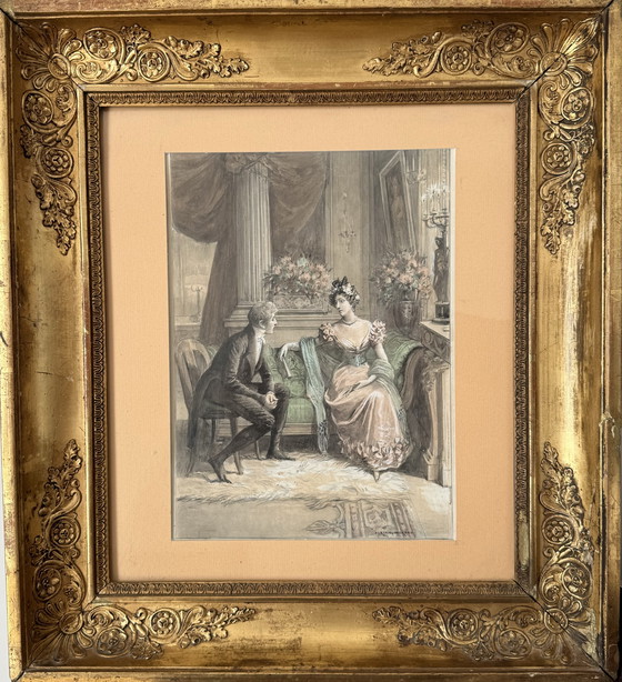 Image 1 of Original Adrien Moreau (1843-1906) Aquarell mit Goldrahmen