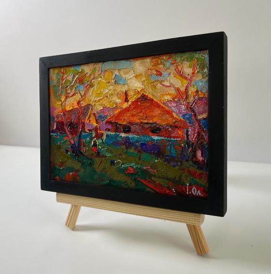 Original Oil Painting Rural Evening Landscape Sunset Village Glow – Paintings & Drawings, Canvas (photo 2 of 8)