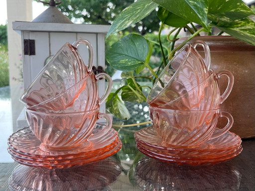 Vintage ARCOROC Rosaline Tea Set - 6 Cups & Saucers - Swirl