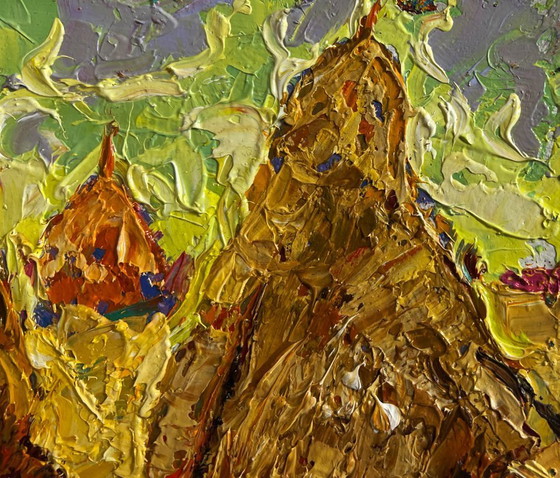 Image 1 of Original Oil Painting Summer Nature Landscape Fresh haystacks in the field