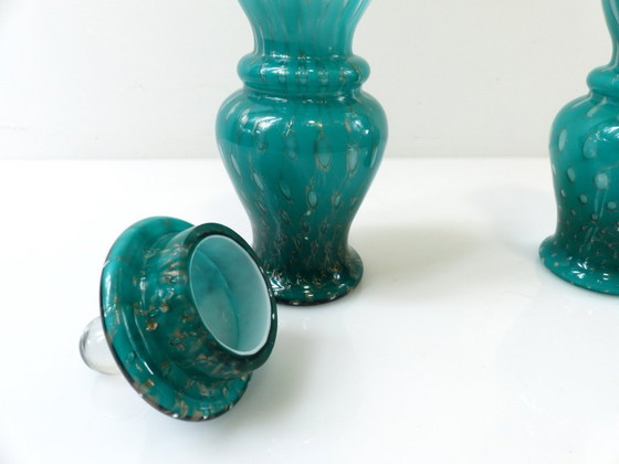 Pair of Covered Turquoise and Aventurine Glass Jars, Murano – 20th Century – Decorative Objects (photo 4 of 13)