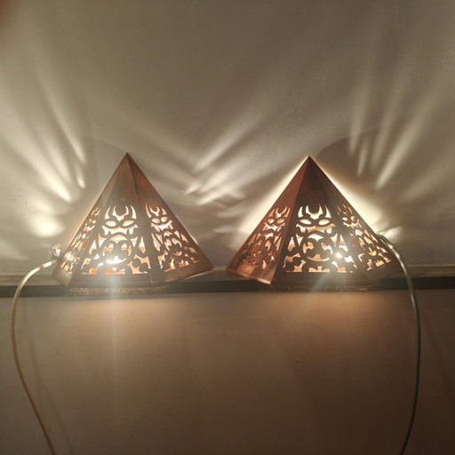 Authentieke vintage handgesneden houten wandlampen – set van 2