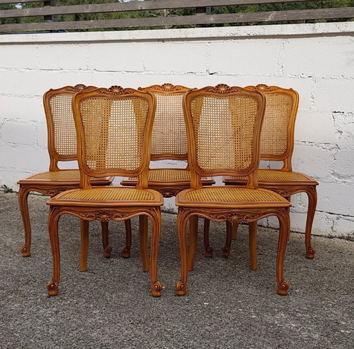 Set Of 5 French Vintage Cane Dining Chairs - 5 Big Cherry Wood Cottage Chairs - Style Louis XV - 80s (photo 2 of 19)