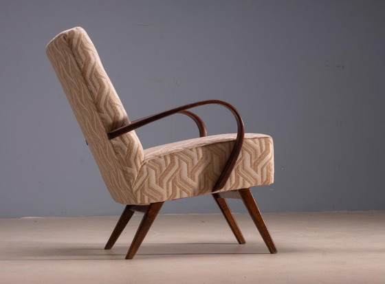Restored Bentwood Armchairs by Jaroslav Šmídek, Pair, Czechoslovakia, New Beige Patterned Upholstery, 61 × (photo 7 of 12)