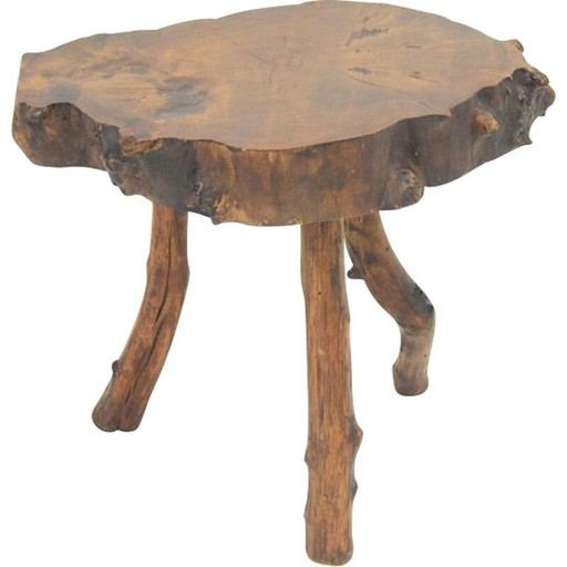 Table basse vintage brutaliste en bois d'olivier massif, 1980