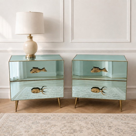 Pair Of Mid-Century Aqua Green Mirrored Glass Nightstands With Brass Fish Handle (photo 6 of 9)