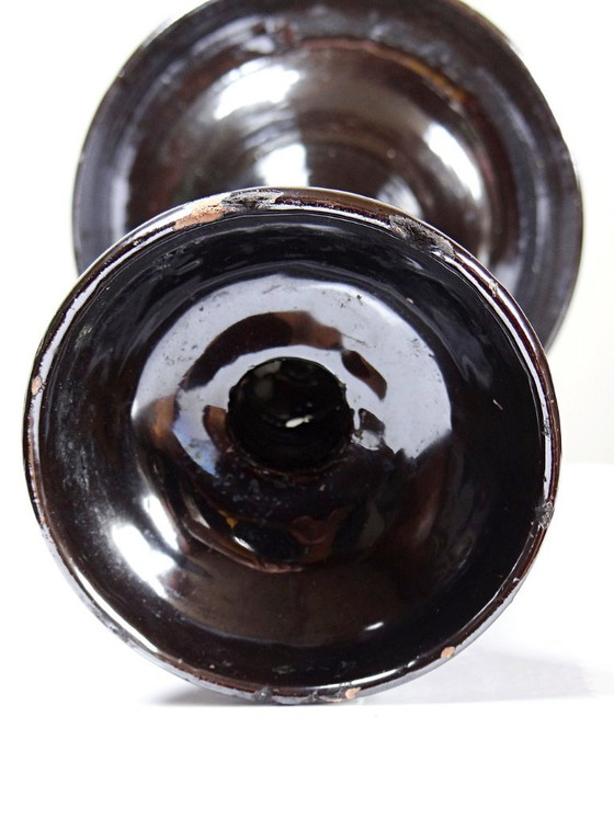 Image 1 of Grote Biot-kandelaar van zwart geglazuurd aardewerk, voorheen een lampvoet, jaren 60.