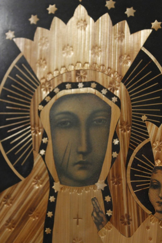 Image 1 of Icona intarsiata in paglia della Madonna Nera di Częstochowa, Polonia, 1979