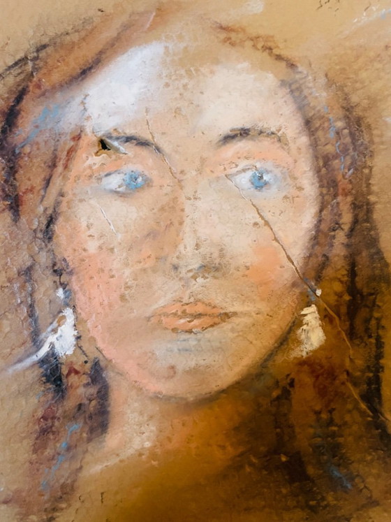 Image 1 of A female portrait painting created on old, worn, honeycomb-patterned cardboard packaging.