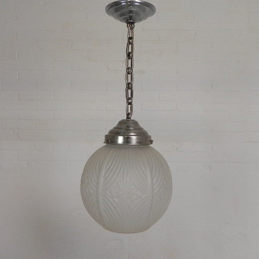 Art Deco Pendelleuchte mit runder Kugel mit geometrischen Mustern, 1930er Jahre