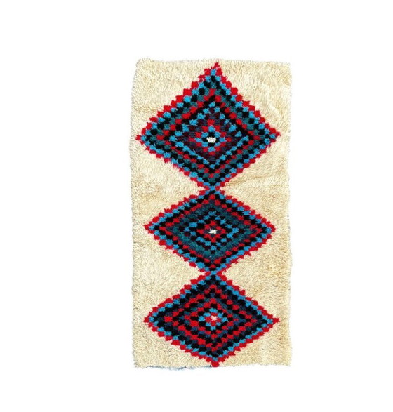 Image 1 of Vintage Beni Ouarain tapijt 90x190 cm | Marokkaans wollen tapijt | Crème Berber tapijt met kleurrijke ruiten