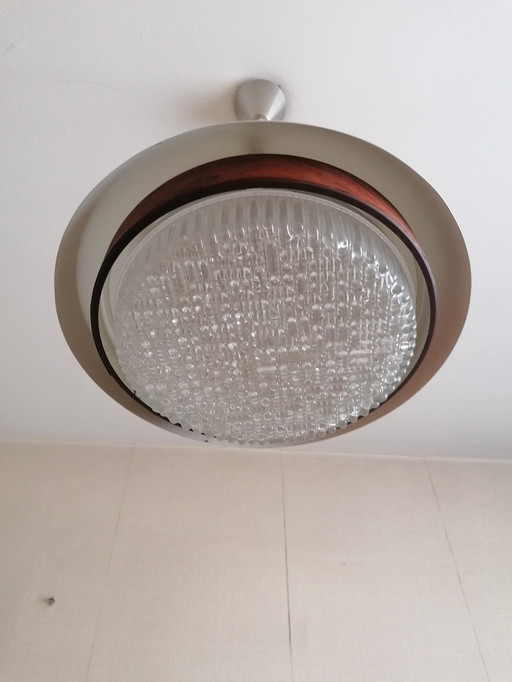 Stainless Steel Pendant Lamp With Wooden Rim And Crystal Lampshade