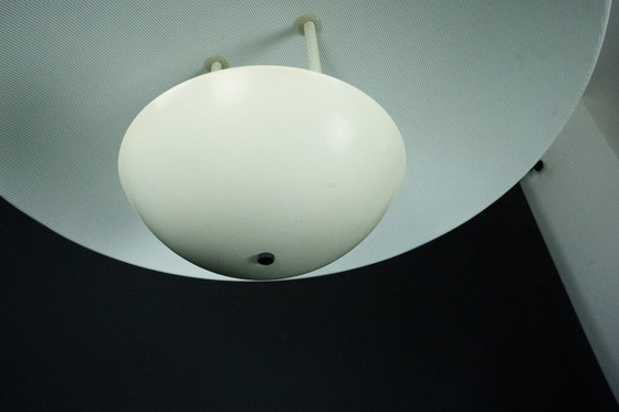 Image 1 of Vintage 1990s White Pendant Lamp with Glass Top Shade. Italy