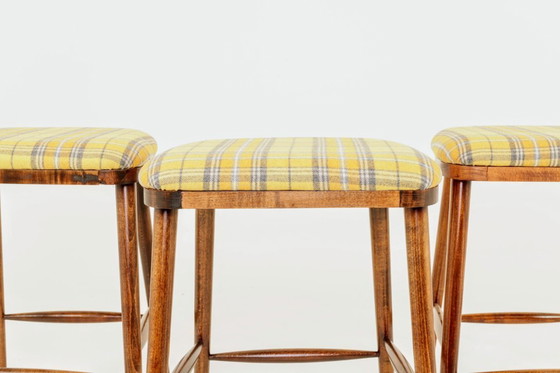 Image 1 of Mid century modern bar stools yellow tartan plaid wool rustic wood set of 3