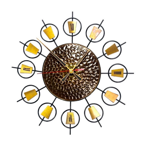 Image 1 of Horloge murale en métal et laiton à motif soleil, style moderne du milieu du XXe siècle, Allemagne, années 1960