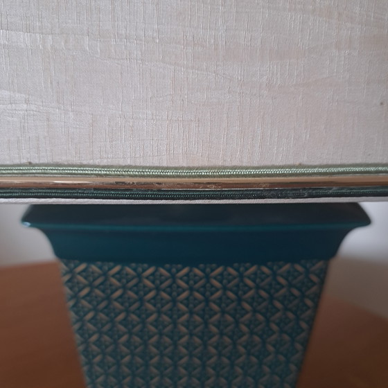 Viva Villa Pagoda Table Lamp 1970s – Teal Gold – French Hollywood Regency – Ceramic, Silk (photo 7 of 11)