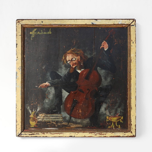 Peinture sur bois du 20e siècle signée S. Gil représentant un violoncelliste dans un théâtre à Paris