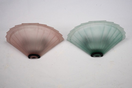 Image 1 of Pair of De Majo sconces in thick pink and green murano glass. Italy 1980s