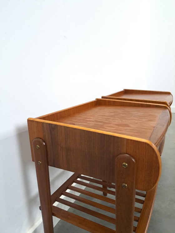 Image 1 of Teak veneer bedside table set with drawer from Sweden