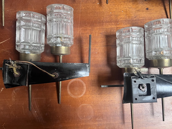Image 1 of Lot de 2 Paires d'Applique en Verre, Laiton et Métal Laqué Noir, 1950
