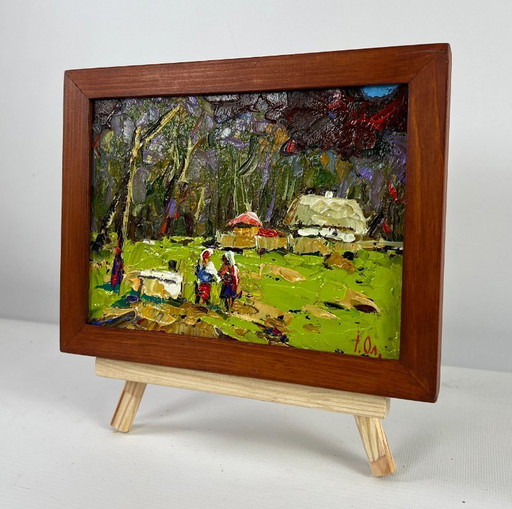 Original Oil Painting Evening Village Landscape Neighbors in the summer garden