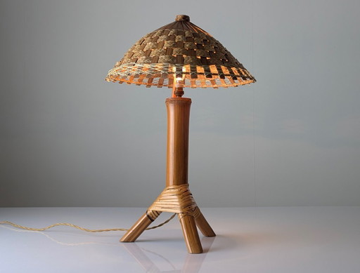Bamboo and Rattan Table Lamp with Woven Shade, 1950s