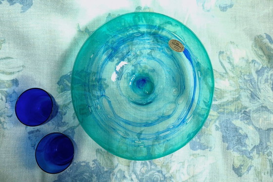 Image 1 of Rolf Wiemers Glass art Germany unique mouth-blown bowl blue-green.