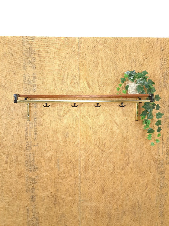 Image 1 of Coat Stand Habo From Sweden Gold Color With Teak And Shelf No. 2