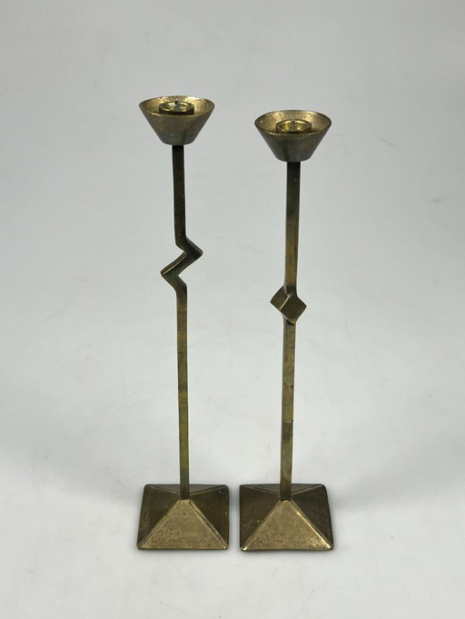 Vintage Zig Zag Candlesticks, Set of Two, Brass, Memphis Style, 1980s