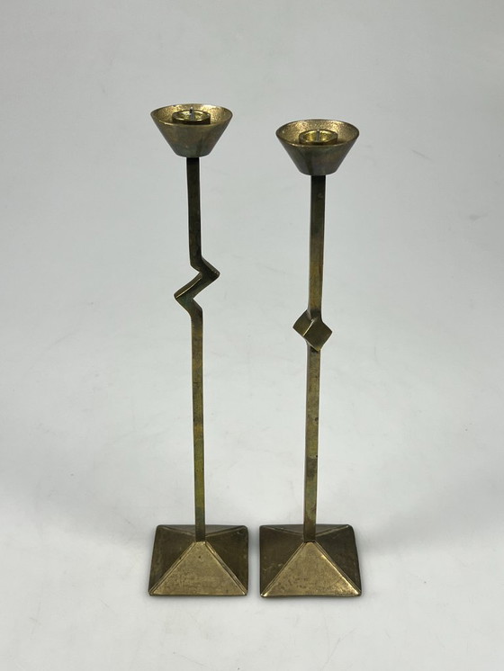 Image 1 of Vintage Zig Zag Candlesticks, Set of Two, Brass, Memphis Style, 1980s
