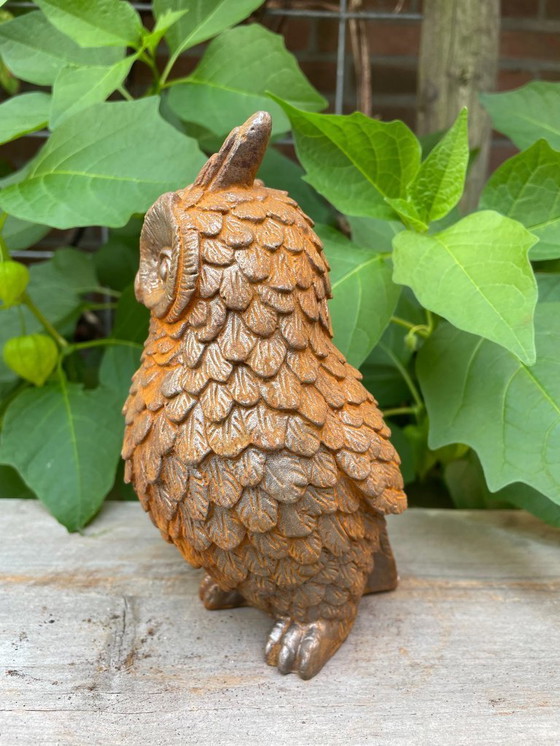 Image 1 of Elegante gusseiserne Eule mit natürlicher Rostpatina