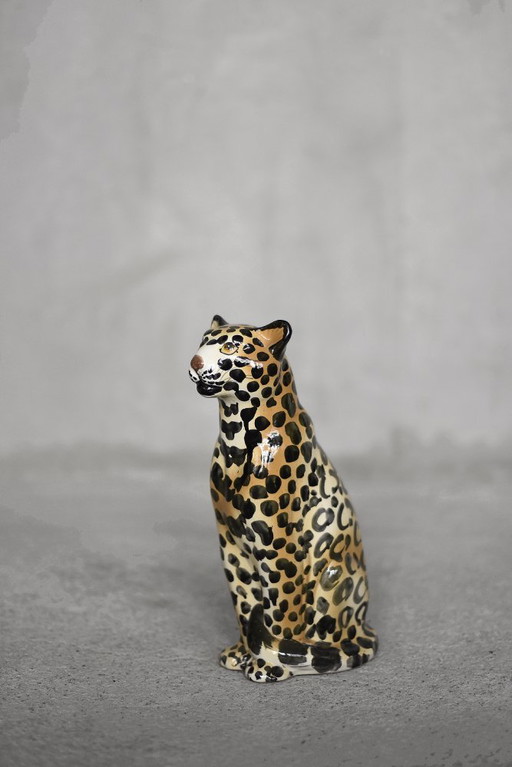 Vintage Mid-Century Italian Modern Ceramic Sculpture of a Seated Leopard, 1970s