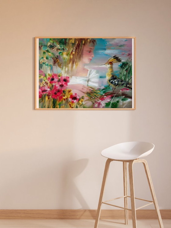 Original Oil Painting Abstract Expressionism Figurative Girl Bird Summer Day – Paintings & Drawings, Canvas (photo 3 of 10)