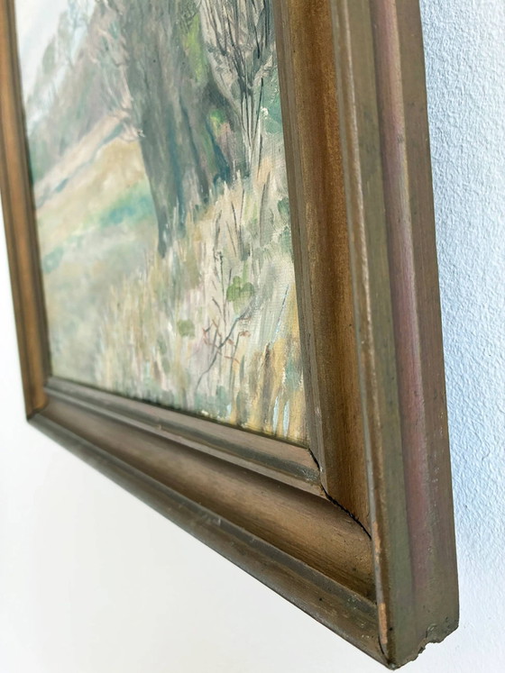 Image 1 of Peinture à l'huile originale ancienne représentant un paysage de campagne, signée.