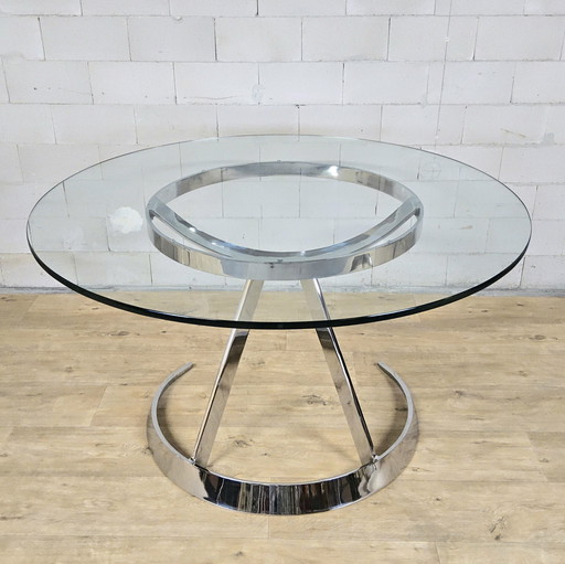 Vintage Frans Space Age Design Eetkamer set Boris Tabacoff Frankrijk 1970 chromen glazen eettafel + 4 leren stoelen