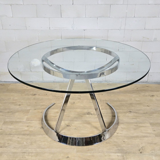 Image 1 of Vintage Frans Space Age Design Eetkamer set Boris Tabacoff Frankrijk 1970 chromen glazen eettafel + 4 leren stoelen
