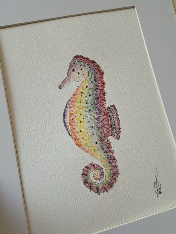 Image 1 of Original watercolor seahorse rainbow including frame