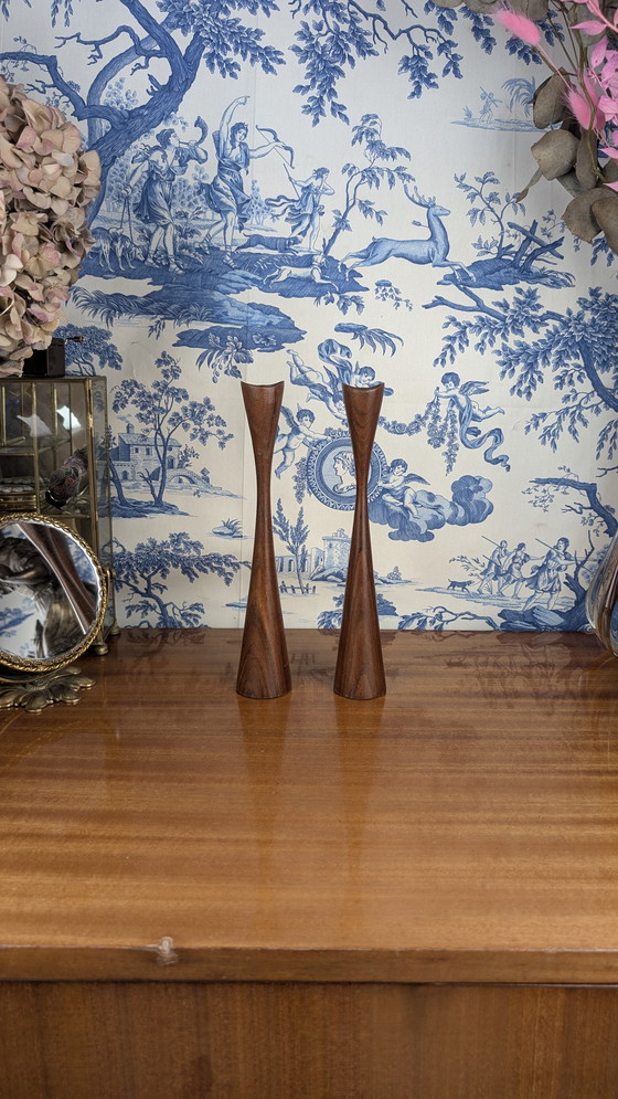 Image 1 of Pair of Scandinavian "Tulip" Candleholders in Vintage Teakwood from the 60s - Mid - Century Design