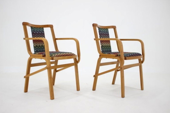 Image 1 of Set of Two Rare 1970s Czechoslovakian Bentwood Armchairs by TON in Colorful Patterned Fabric