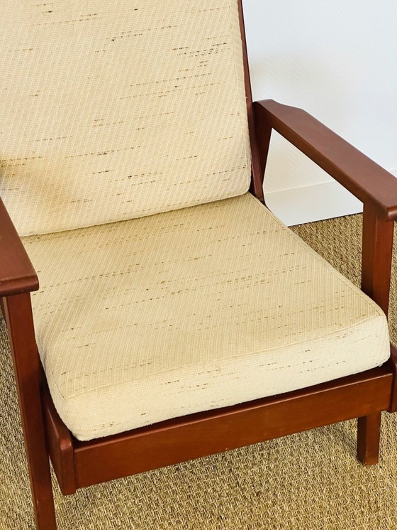Image 1 of Vintage Scandinavische fauteuil van teakhout en beige textielstof, 1960