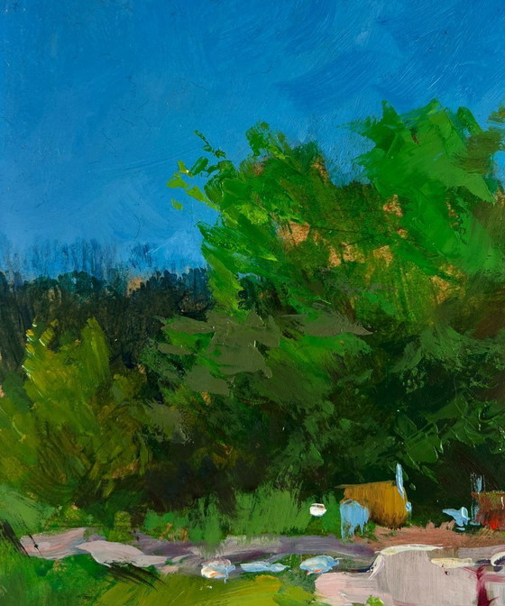 Image 1 of Original Oil Painting Village Bridge Landscape Relaxing by the river on a summer day