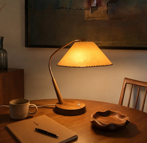 TEMDE Vintage Table Lamp Teak Wood Mid-Century 60s / 70s Adjustable Shade Design Object – tafellampen, Leather (photo 2 of 9)