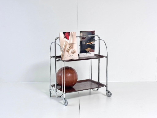 Desserte Bremshey Dinett – pliable, chrome et aspect bois foncé, Mid-Century