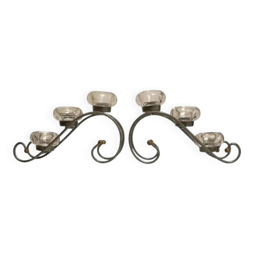 Set aus 2 Metall- und Glas-Kerzenhalter - Vintage Kerzenhalter organische Schnörkelform - Brutalistisches Design für den Tisch